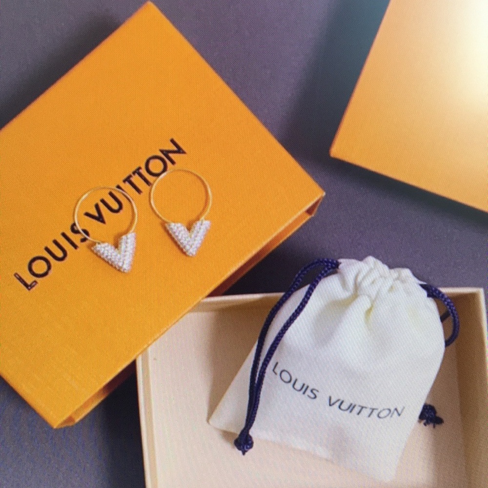 Louis Vuitton White Crystal V-Hoop Earrings